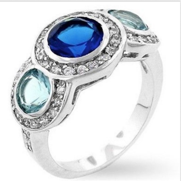 Silver Sapphire Victorian Gypsy Ring Size 10 Aquamarine Cubic Zirconia Rhodium - Picture 2 of 8